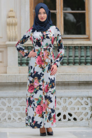 Neva Style - Gül Detaylı Lacivert Tesettür Elbise 4172L - Thumbnail