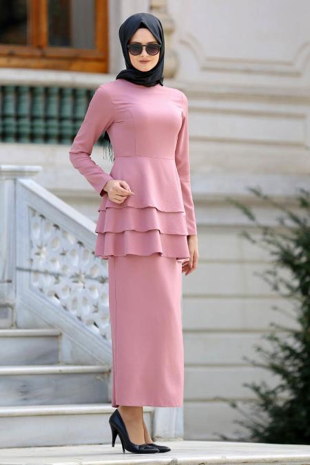 Neva Style - Gül Kurusu Peplum Bluz / Etek Tesettür Takım 42050GK - 2