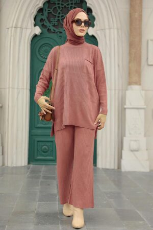 Neva Style - Gül Kurusu Tesettür Triko İkili Takım 34060GK - 1