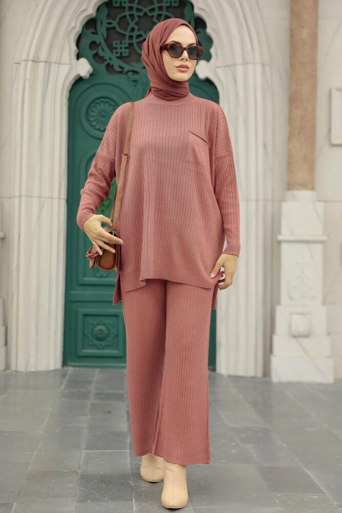 Neva Style - Gül Kurusu Tesettür Triko İkili Takım 34060GK - 1