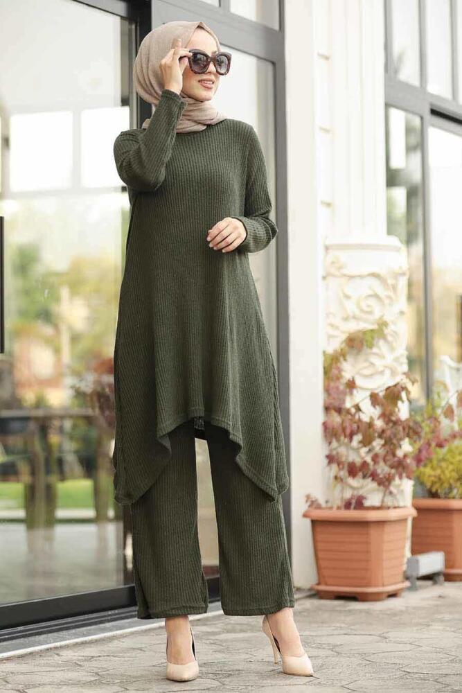 Neva Style - Haki Tesettür Triko İkili Takım 948HK - 1