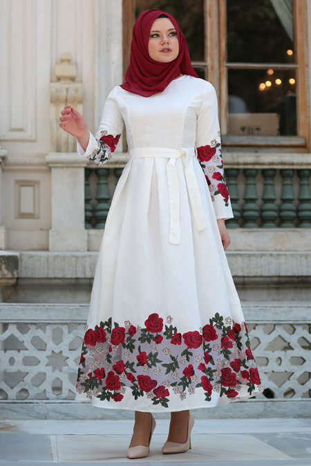 Neva Style - Hakim Yaka Çiçek Baskılı Kırmızı Tesettür Elbise - 17535K
