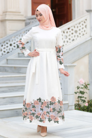 Neva Style - Hakim Yaka Çiçek Baskılı Somon Tesettür Elbise - 17535SMN - Thumbnail