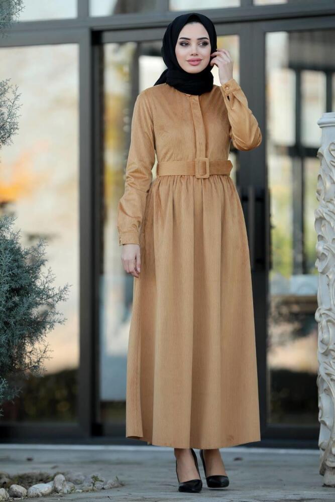 Neva Style - Hardal Tesettür Fitilli Kadife Elbise 22143HR - 1
