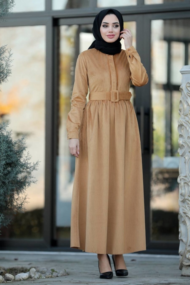 Neva Style - Hardal Tesettür Fitilli Kadife Elbise 22143HR - 2