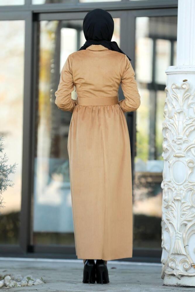 Neva Style - Hardal Tesettür Fitilli Kadife Elbise 22143HR - 4