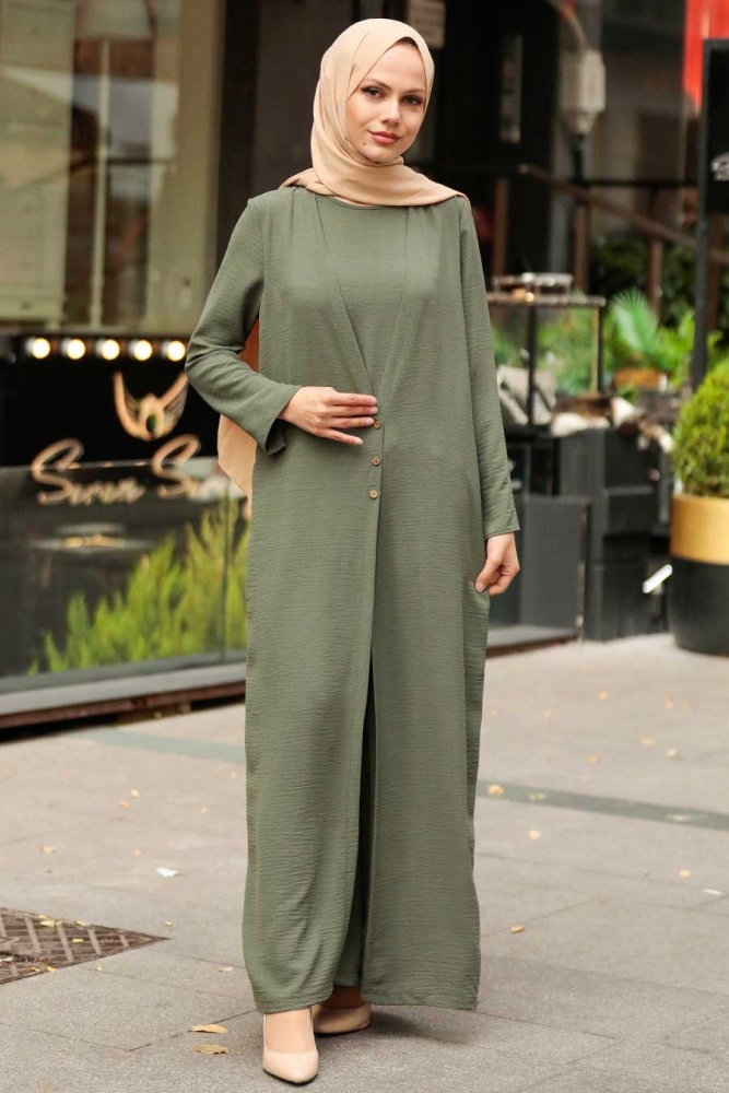 Neva Style - Hırka Detaylı Haki Tesettür Tulum 51890HK - NEVA STYLE