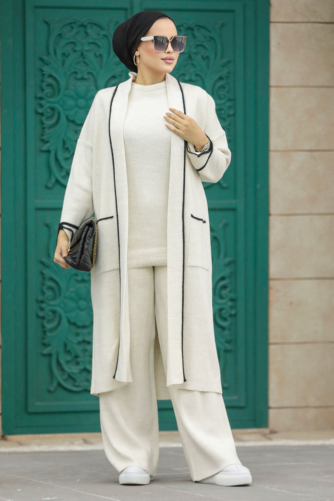 Neva Style - Hırkalı Bej Tesettür Triko Üçlü Takım 30201BEJ - 3