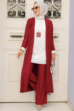 Neva Style - Hırkalı Bordo Tesettür Üçlü Takım 5223BR 