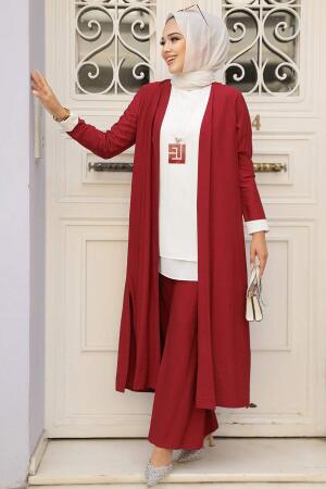 Neva Style - Hırkalı Bordo Tesettür Üçlü Takım 5223BR - 2