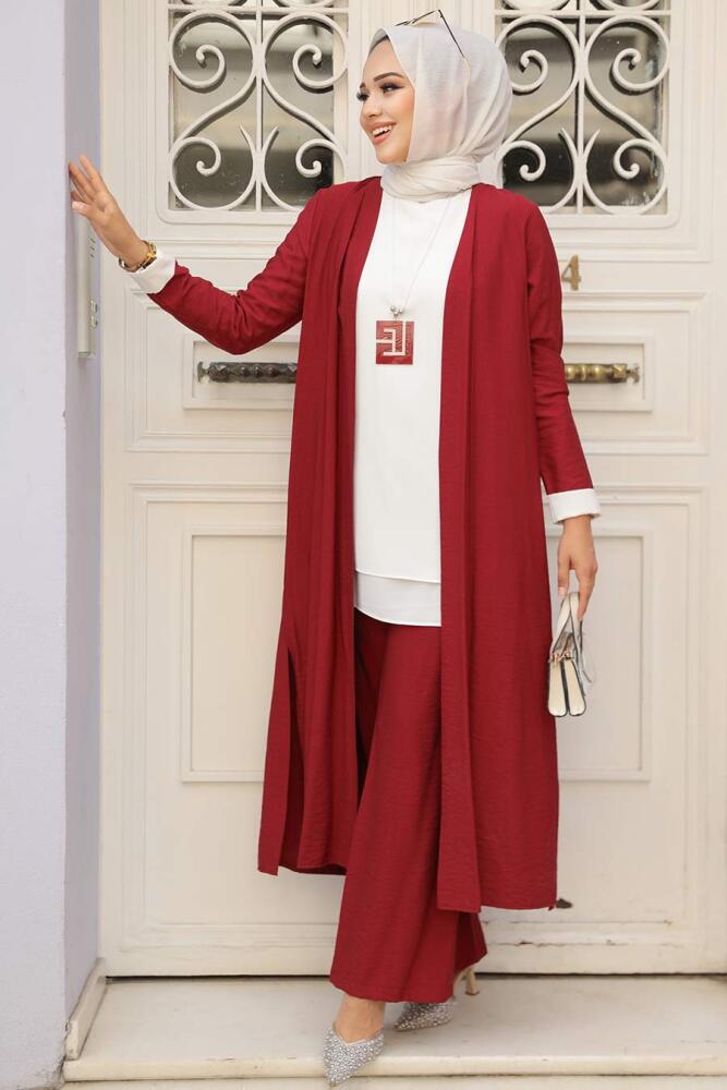 Neva Style - Hırkalı Bordo Tesettür Üçlü Takım 5223BR - 2