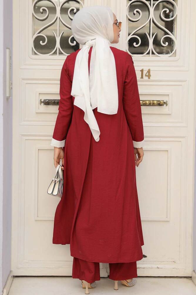 Neva Style - Hırkalı Bordo Tesettür Üçlü Takım 5223BR - 3
