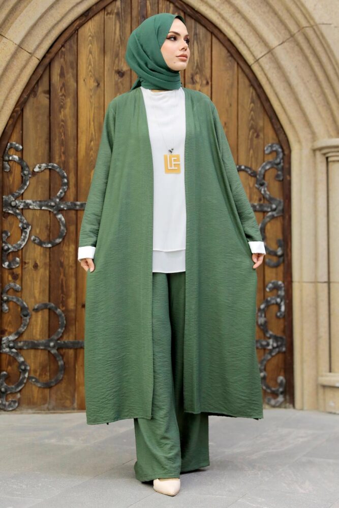 Neva Style - Hırkalı Çağla Yeşili Tesettür Üçlü Takım 5223CY - 1