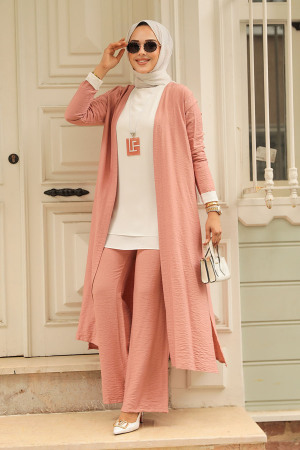 Neva Style - Hırkalı Gül Kurusu Tesettür Üçlü Takım 5223GK 