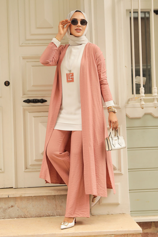 Neva Style - Hırkalı Gül Kurusu Tesettür Üçlü Takım 5223GK - 2