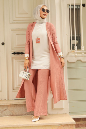 Neva Style - Hırkalı Gül Kurusu Tesettür Üçlü Takım 5223GK - 3