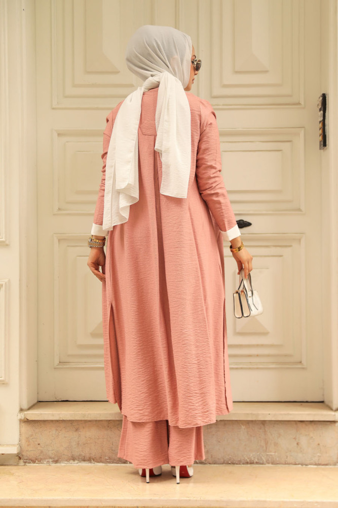 Neva Style - Hırkalı Gül Kurusu Tesettür Üçlü Takım 5223GK - 4