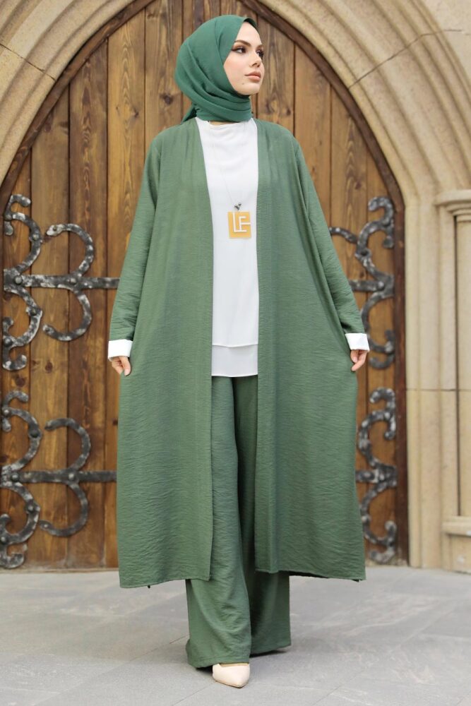 Neva Style - Hırkalı Haki Tesettür Üçlü Takım 5223HK - 1