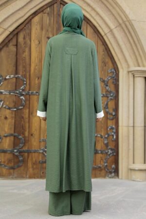 Neva Style - Hırkalı Haki Tesettür Üçlü Takım 5223HK - 2