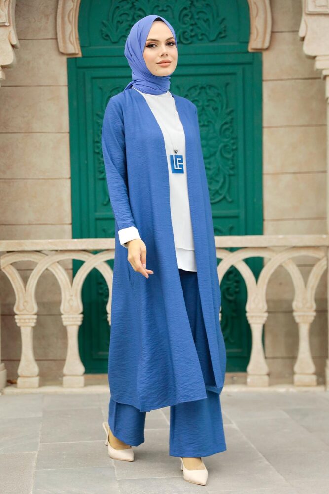 Neva Style - Hırkalı İndigo Mavisi Tesettür Üçlü Takım 5223IM - 2
