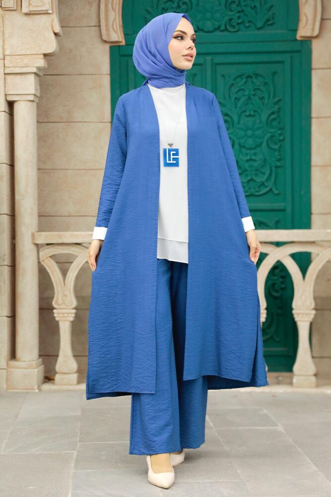 Neva Style - Hırkalı İndigo Mavisi Tesettür Üçlü Takım 5223IM - 1