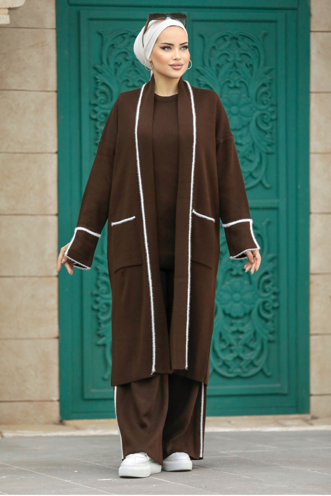 Neva Style - Hırkalı Kahverengi Tesettür Triko Üçlü Takım 30201KH - 2