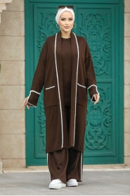 Neva Style - Hırkalı Kahverengi Tesettür Triko Üçlü Takım 30201KH - Thumbnail
