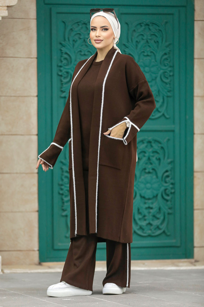 Neva Style - Hırkalı Kahverengi Tesettür Triko Üçlü Takım 30201KH - 4