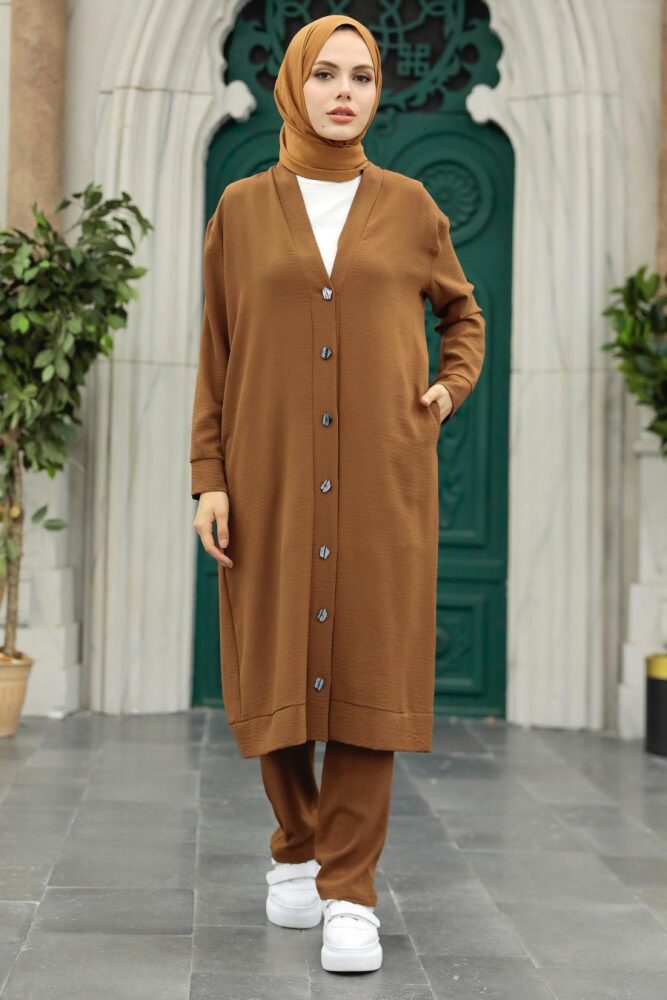 Neva Style - Hırkalı Kahverengi Tesettür Üçlü Takım 5214KH - 1