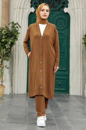Neva Style - Hırkalı Kahverengi Tesettür Üçlü Takım 5214KH - 2