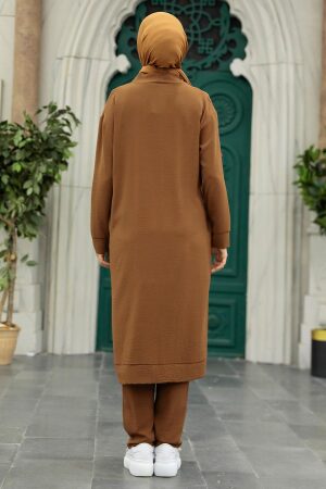 Neva Style - Hırkalı Kahverengi Tesettür Üçlü Takım 5214KH - 3