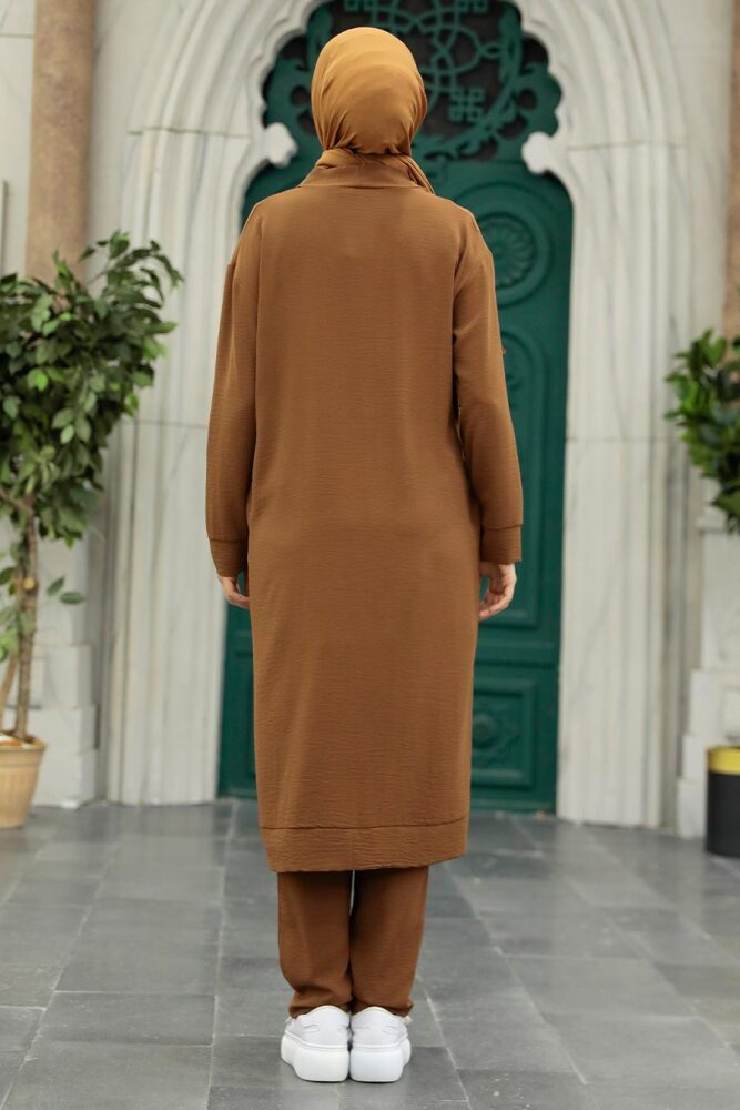 Neva Style - Hırkalı Kahverengi Tesettür Üçlü Takım 5214KH - 3