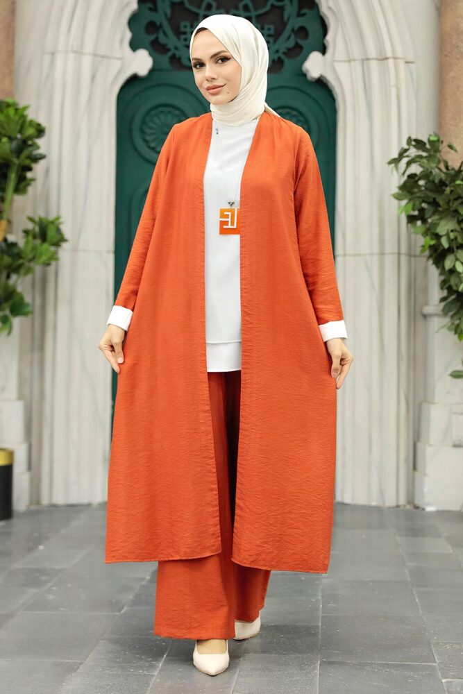 Neva Style - Hırkalı Kiremit Tesettür Üçlü Takım 5223KRMT - 1