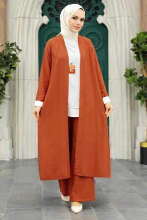 Neva Style - Hırkalı Koyu Kiremit Tesettür Üçlü Takım 5223KKRMT 