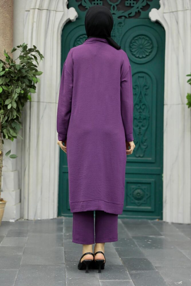 Neva Style - Hırkalı Koyu Lila Tesettür Üçlü Takım 5214KLILA - 3