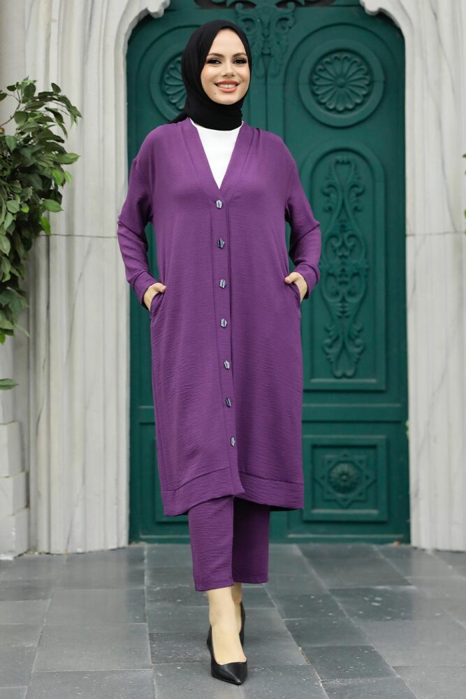 Neva Style - Hırkalı Koyu Lila Tesettür Üçlü Takım 5214KLILA - 2