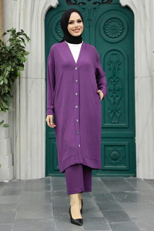Neva Style - Hırkalı Koyu Lila Tesettür Üçlü Takım 5214KLILA - 1
