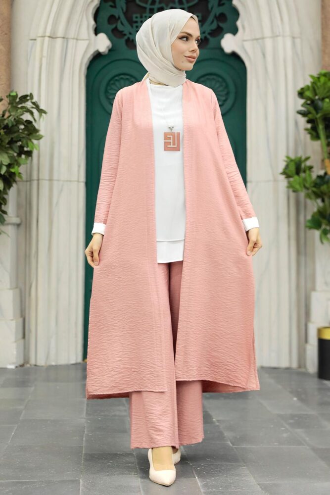 Neva Style - Hırkalı Pudra Tesettür Üçlü Takım 5223PD - 2