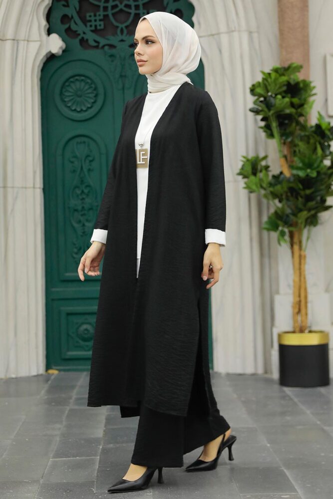 Neva Style - Hırkalı Siyah Tesettür Üçlü Takım 5223S - 1