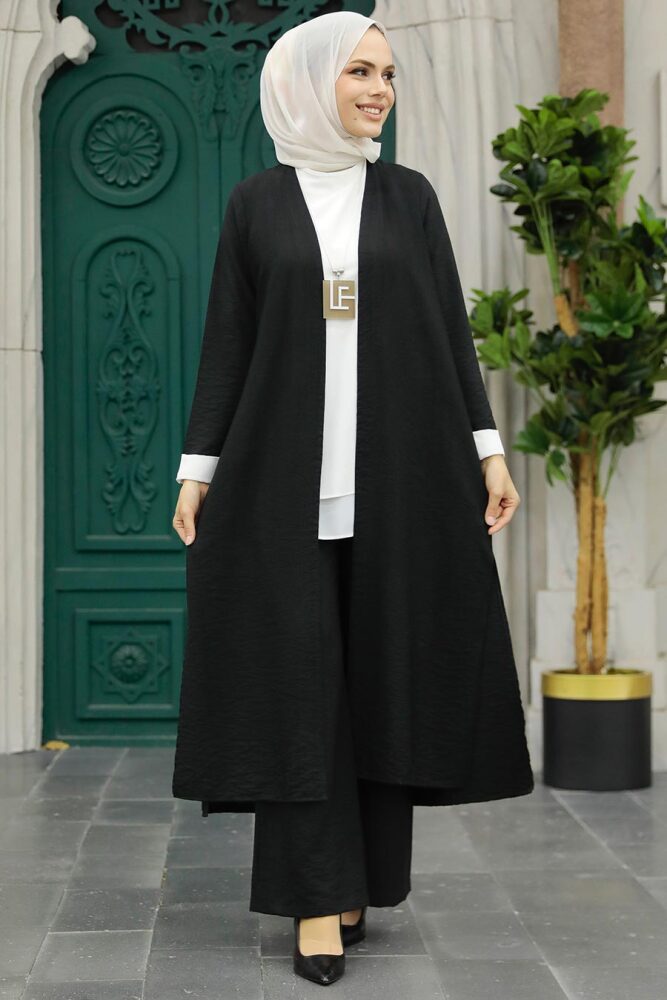 Neva Style - Hırkalı Siyah Tesettür Üçlü Takım 5223S - 2