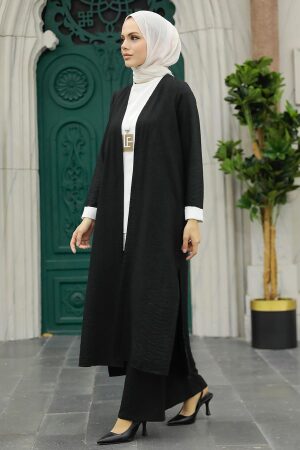 Neva Style - Hırkalı Siyah Tesettür Üçlü Takım 5223S 