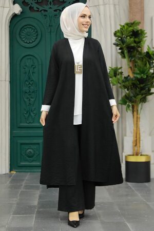 Neva Style - Hırkalı Siyah Tesettür Üçlü Takım 5223S - 2