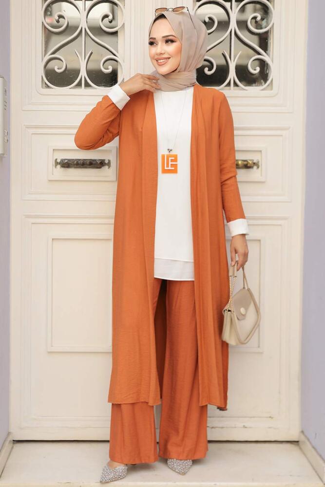 Neva Style - Hırkalı Turuncu Tesettür Üçlü Takım 5223T - 3