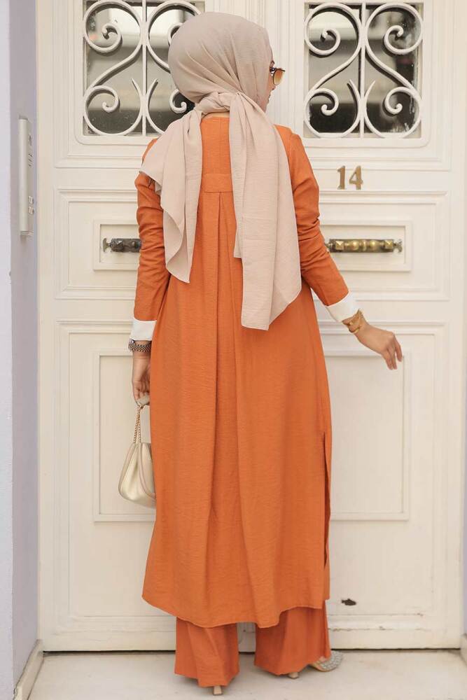 Neva Style - Hırkalı Turuncu Tesettür Üçlü Takım 5223T - 4