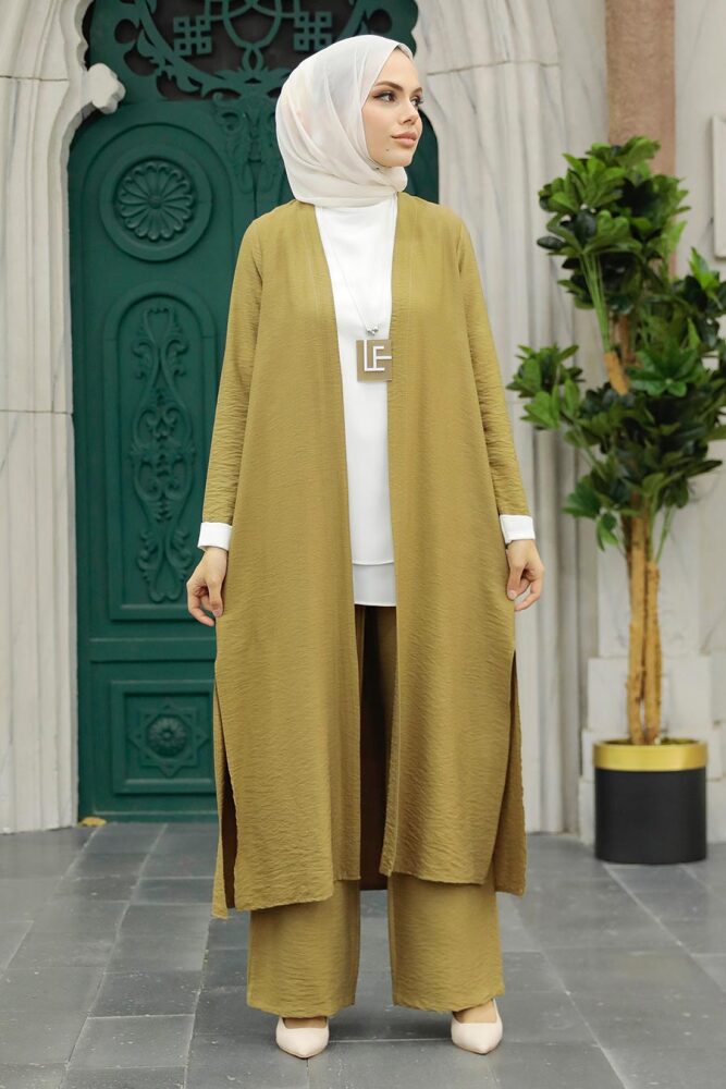 Neva Style - Hırkalı Yağ Yeşili Tesettür Üçlü Takım 5223YY - 1