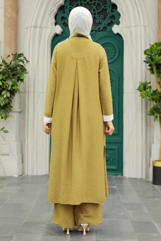 Neva Style - Hırkalı Yağ Yeşili Tesettür Üçlü Takım 5223YY - 2