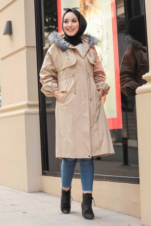 Neva Style - İçi Kürklü Bej Tesettür Parka 90651BEJ - 1