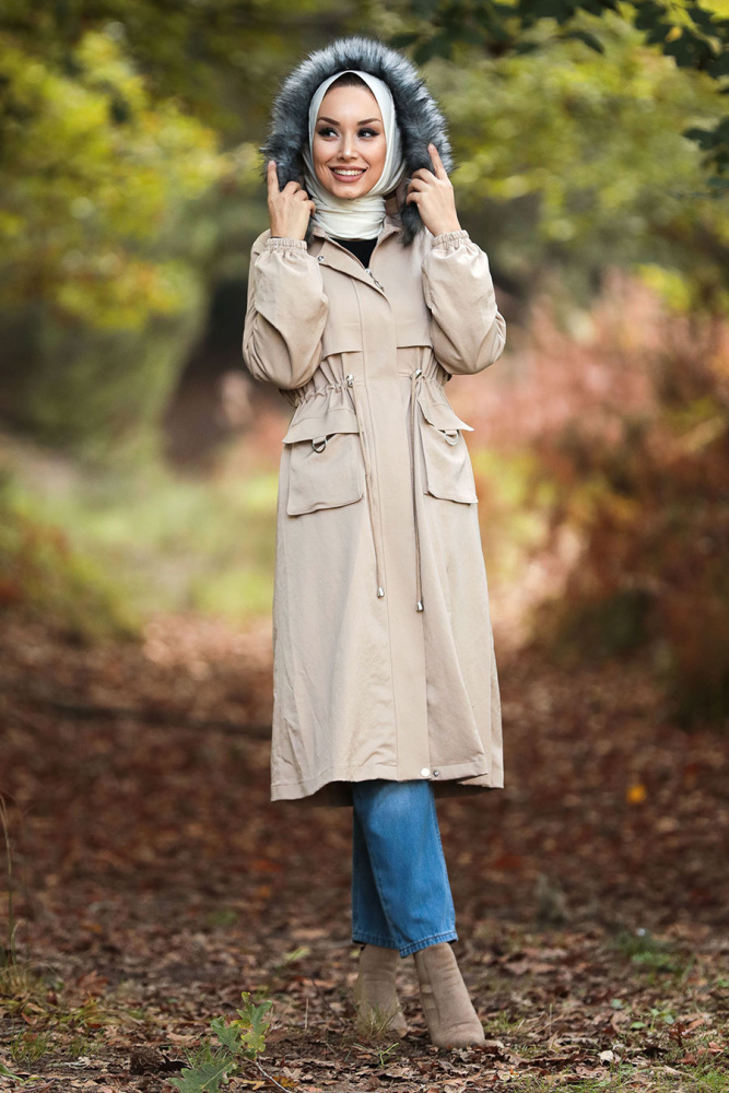  İçi Kürklü Bej Tesettür Parka 90670BEJ - 1