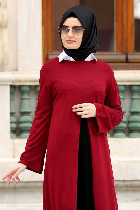 Neva Style - İki Renkli Bordo Tesettür Triko Tunik 2885BR - 2