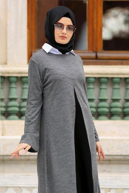 Neva Style - İki Renkli Füme Tesettür Triko Tunik 2885FU - 2